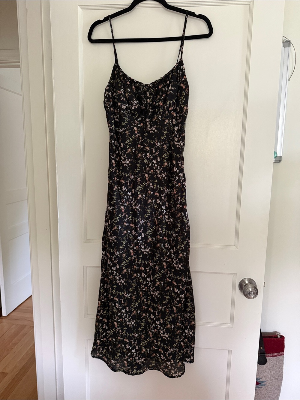 Black Floral Slip Dress with Pink Accent - Women's Dress